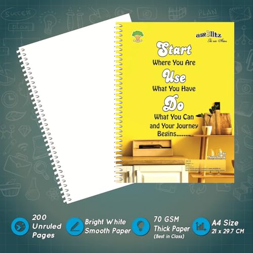 Image of amblitz Spiral Notebook | UnRuled | 200 Pages | A4 Size | 21 X 29.7 CM | 70 GSM Thick Paper | Notebook for Student and Office