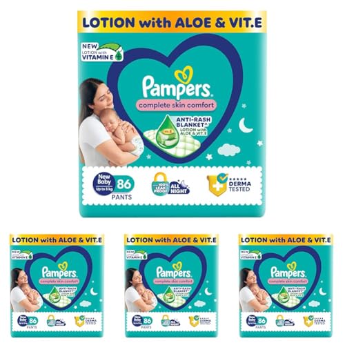 Image of Pampers Complete Skin Comfort Pants, (NB,XS) 86 Count Anti-Rash Blanket, Lotion with Vitamin E & Aloe Vera, New Born, Extra Small Size Baby Diapers, Upto 5kg (Pack of 4)