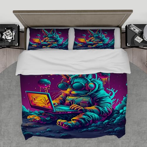 MOKOSAISE Purple Dream Housse de couetteSet 3 Pieces Cool Cat Wearing Headphones on Space Planet Bedding Set with 2 Pillow Shams Zipper & 4 Ties 140 x 220 cm