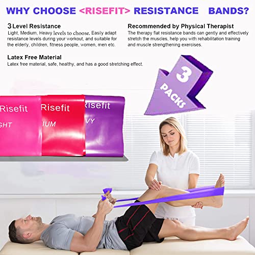 Image of Therapy Flat Resistance Bands Set, Latex Free Flat Elastic Exercise Stretch Bands for Stretching, Flexibility, Pilates, Yoga, Ballet, Gymnastics, Rehab, Workout, Pink, Purple, Blue (3 Pack, 5 FT long)