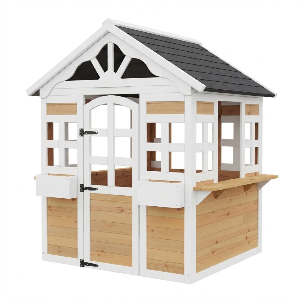 Massivholz Kinderspielhaus Outdoor 132cm Wetterfest mit Verkaufsfenster | Stabiles Holz-Spielhaus für Garten. 132cm hoch, EN 71 geprüft. Mit Marktstand & Pflanzkasten für kreatives Rollenspiel.