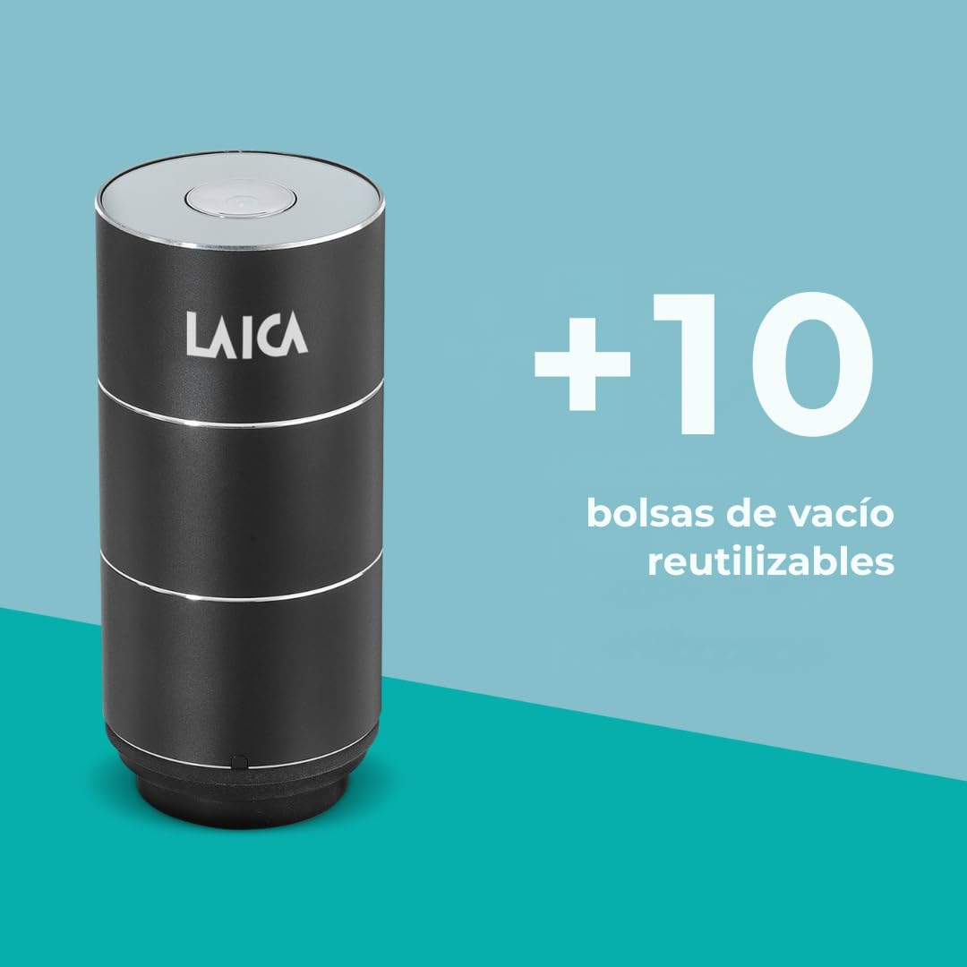 LAICA Mini bomba de vacío recargable - 10 bolsas reutilizables incluidas - Ideal para conservar alimentos hasta 5 veces más tiempo - Ahorra espacio, práctica y portátil | Portátil, batería de larga duración, conserva hasta 5 veces más tiempo, compatible c