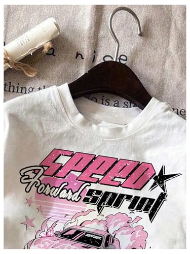 Image of RoseSeek Women's Graphic Letter Tee Crew Neck Drop Shoulder Trendy Summer T Shirt Short Sleeve Vintage Car Print Top