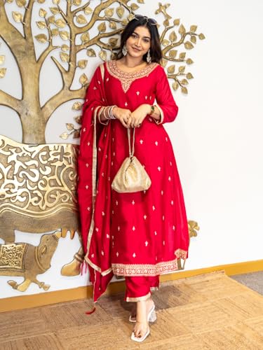 Image of VredeVogel Women's Silk Blend Embroidered Anarkali Kurta with Pant & Dupatta Set | Festive & Casual Women Ethnic Kurta Set for Women