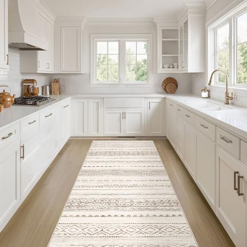 Nakagishi Runner Rug Kitchen Washable Rugs: 2x6 Non-Slip Boho Soft Modern Stain Resistant Indoor Floor Neutral Farmhouse Throw Carpet for Hallway Bathroom Laundry Room Entryway Bedroom- Brown