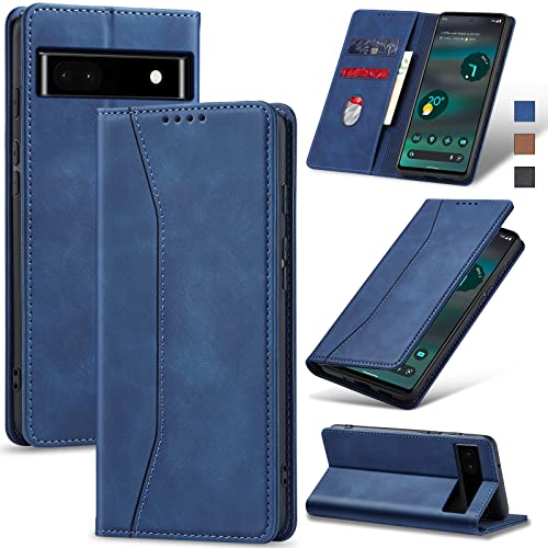 Image of Jasonyu Flip Wallet Case for Google Pixel 6A 5G,Leather Magnetic Folio Cover with Card Holder,Kickstand - TPU Shockproof Durable Protective Phone Case,Blue