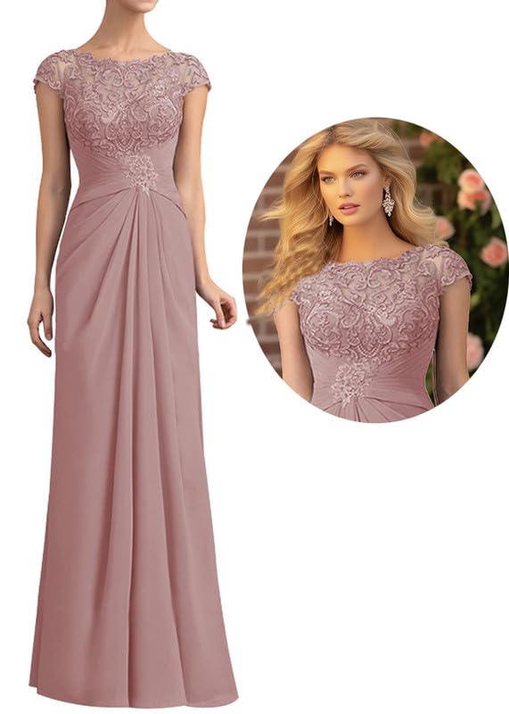Mother of The Bride Dress Cap Sleeve Long Chiffon Lace Appliques Evening Formal Dress Scoop Neck Pleated Evening Gown4