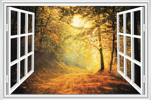 WRIGAEL Fake Window for Walls Faux Window Decal Windows Poster Picture Open Window Wall Art Decor, Stick and Peel Wallpaper Nature Wall Decol Golden Forest Scene Mural, 32"x48"
