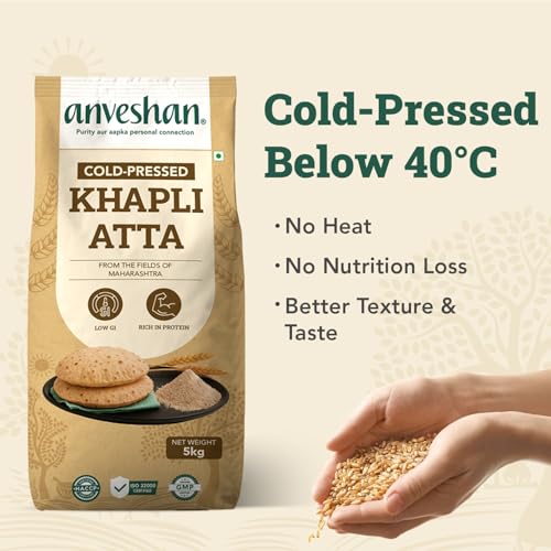 Image of Anveshan Cold-Pressed Khapli Wheat Flour (5kg) |100% Emmer Wheat | Low GI, High Fiber, Stone-Ground Flour | High Dietary Fiber for Easy Digestion