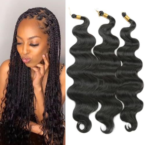 24 Inch Body Wave Braiding Hair 3 Pack Pre-Feathered Braiding Hair Black Brown Boho Box Braids for Goddess Box Braids Hair Deep Wave Crochet Hair Synthetic Hair Extension (#4 24inch (3pcs))
