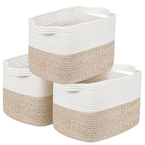 Toemics 3er Set Aufbewahrungskorb Klein Regalkörbe Baumwolle Aufbewahrung Korb für Regal, Kinderzimmer, Wohnzimmer, Kinderzimmer, Badzimmer, 30x25x24cm, Weiß und Braun