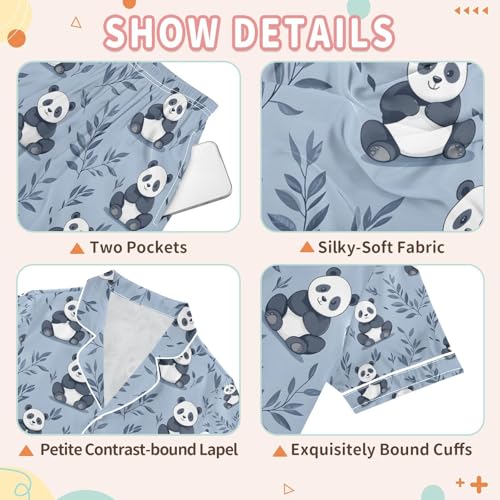 senya Blue Panda Leave A Satin Summer Pajama Sets Silk Short Sleeve Button Down Sleepwear3