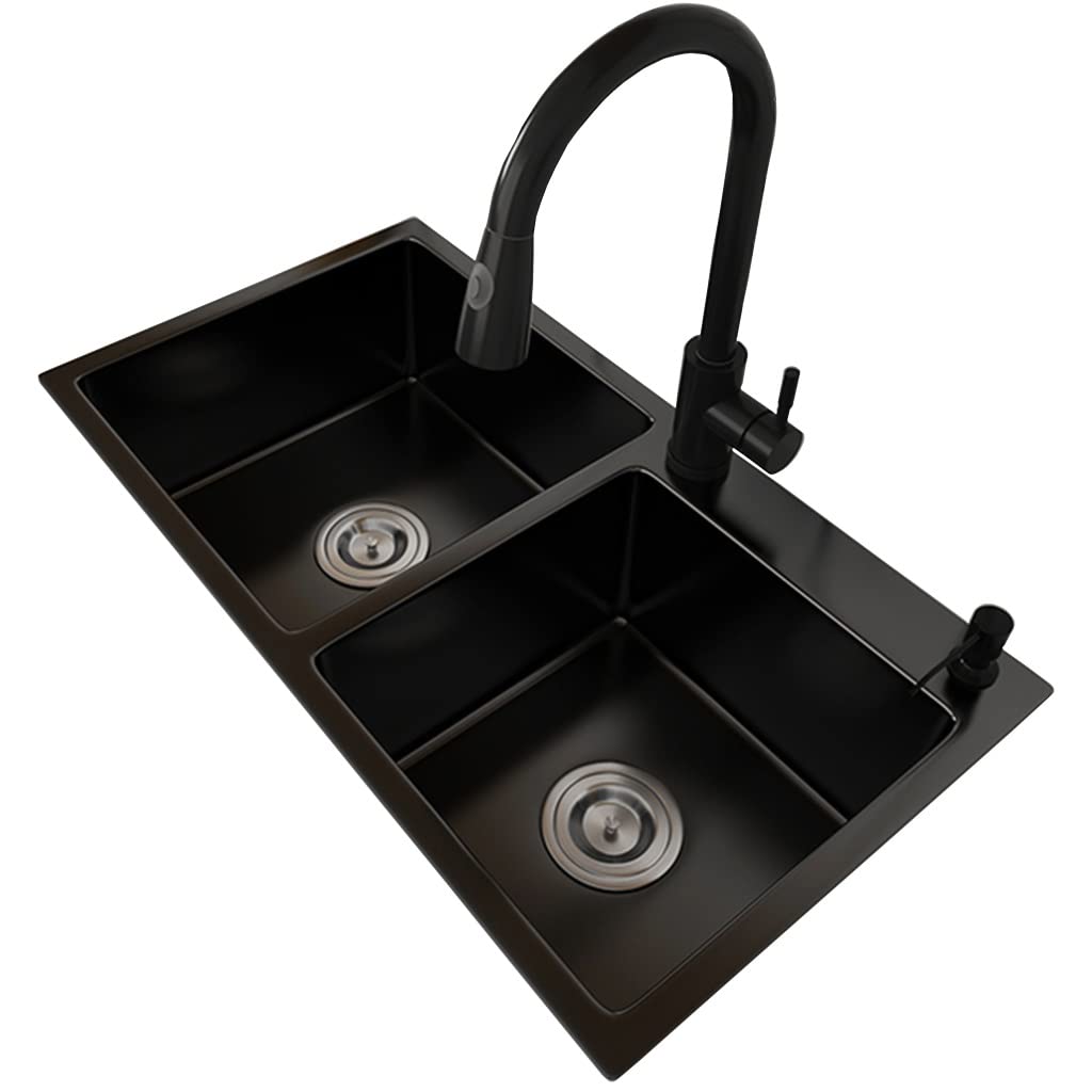 ZQFHSX Kitchen Sinks Black ​Double Bowl, Bar Prep Sink, 304 Stainless Steel, With Pull-out Faucet Drop-in Hardware Undermount (Color : Black, Size 78x43cm)