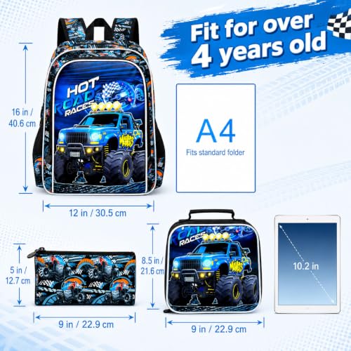 Image of WZLVO 3PCS Boys Truck Bookbag Set, 16 inch Cool UV Printing Kids Backpack /School Bag with Lunch Box & Pencil Bag for Preschool to Elementary - Blue Truck