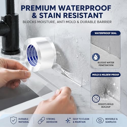 Image of ZOMPAGO Caulk Tape 2Roll,2in x 9.84FT Clear Waterproof Self Adhesive Caulking Tape Peel and Stick Caulk Strip for Bathroom Bathtub Toilet Kitchen Vanity Stain Resistant
