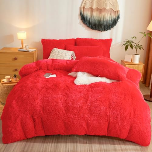 Besfunny Shaggy Fluffy Red Comforter Cover King Set – Faux Fur Shaggy Red Bedding 3-Piece Set (1 Duvet Cover + 2 Furry Pillow Shams) Cozy Bed Set