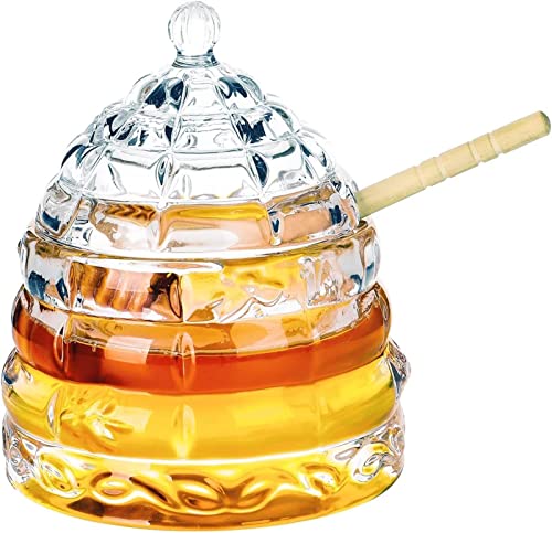 KKGUD Pot à miel en verre transparent avec cuillère et couvercle, pot de miel de ruche d'abeille de 325 ml pour comptoir ou décoration de table