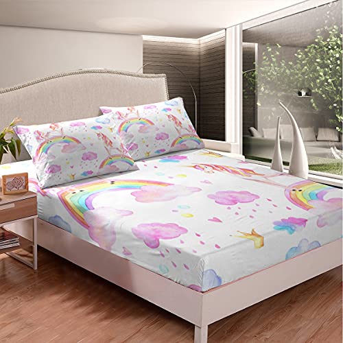 Loussiesd Rainbow Unicorn Sheet Set Double Kids Girls Bed Set Cartoon Horse Print Pattern Bed Sheets Set Sweet Beautiful Sheets With 2 Pillow Case Deep Pocket Fitted Sheet - Image 3