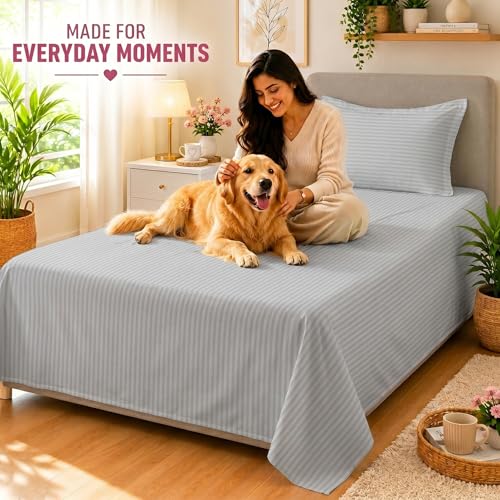 Image of Mafatlal Classic 210 TC 100% Cotton Single Bedsheet | 90 x 60 Inches | Premium Soft Fabric | Italian Stripes Design | Durable & Comfortable | Grey