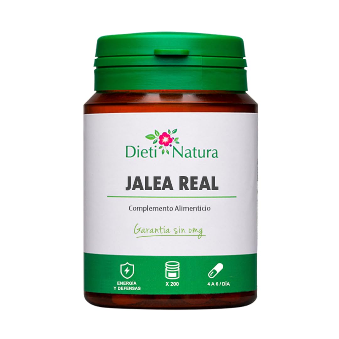 DIETI NATURA Jalea Real Pura 200 Cápsulas con Vitaminas, Oligoelementos, Minerales, Ácidos Grasos Esenciales para Energía y Defensa Inmunológica - Jalea Real Adultos (200 Cápsulas)