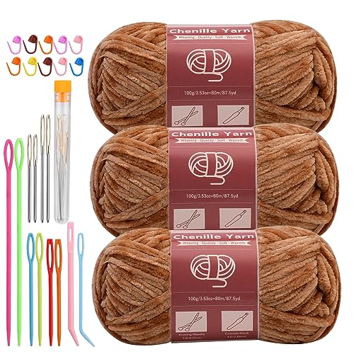 Image of LUNARM Chenille Yarn 3 Pack 3.5oz Chunky Blanket Velvet Yarn 263 Yard | Light Khaki Chunky Chenille Yarn for Beginners Crocheting Hand Knitting Scarves with Big Eye Needles Machine Washable