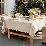 Outdoor Rectangle Tablecloth Linen Textured Waterproof & Stain Resistant Table Cloth Boho Spring Decorative Scalloped Cutouts Farmhouse Table Cover for Dining, Party, Camping, 55 x 84 Inch, Beige