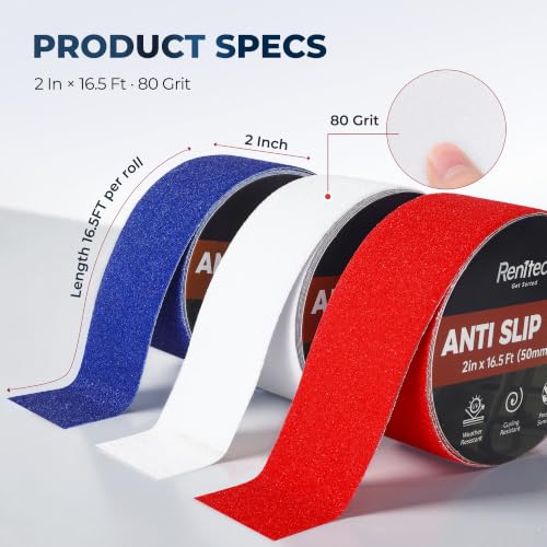 Image of Reniteco Anti Slip Tape 3PC, 2 inch x 16.5Ft Heavy Duty Grip Tape, High Adhesion & Waterproof, No Residue, for Outdoor Stairs, Tile, Shower, Bathtub - Extra Grip Safety Tape (Red, Blue, Clear)