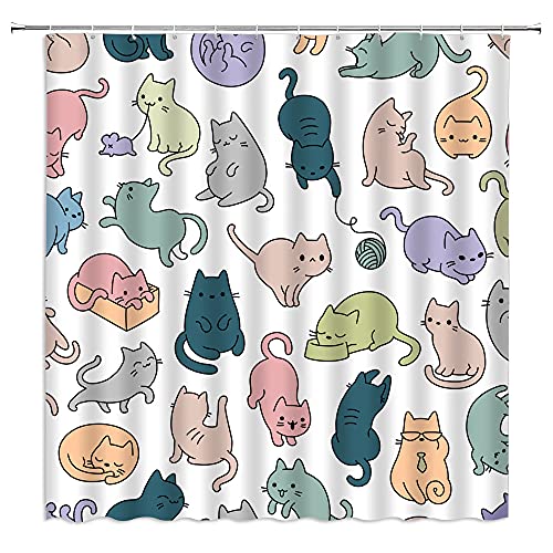Sunhe Cute Cat Shower Curtain Lovely Cartoon Kitty Cat Kitten Funny Colorful Animal Pattern for Pet Lovers Kids Girls Nursery Multicolor Hipster Abstract Fabric Bathroom Decor Curtain with Hooks
