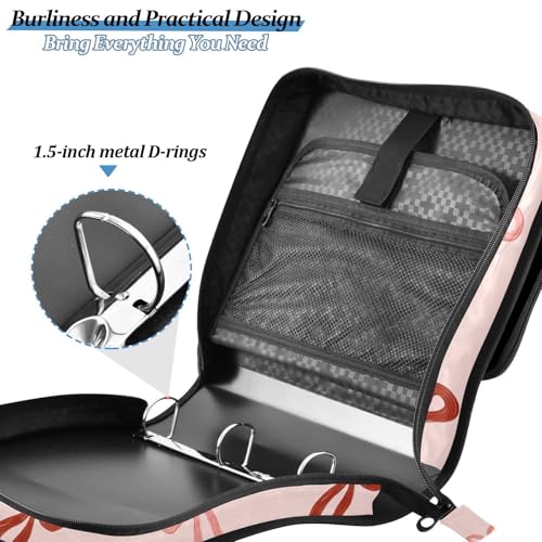 Image of 3 Ring Zipper Binder with Shoulder Strap Cute Red Bows Pink B 1.5 inch Binders Keeper Large Capacity Multi Pockets for School Office Supplies