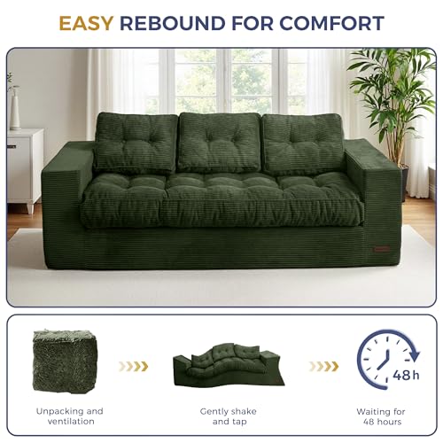 Image of MAXYOYO Loveseat Sofa Couch, Upholstered Bean Bag Chair Cloud Seat for Adults, Boneless Couch with Cushion & Pillows, Sofa in A Box, No Assembly Required, Corded Dark Green, 3-Seat