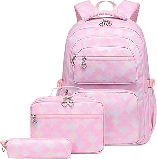 EUBUY Conjunto de mochila com 3 peças com lancheira e bolsa de lápis, bolsa de livro leve com estampa geométrica para meninos e meninas da escola primária