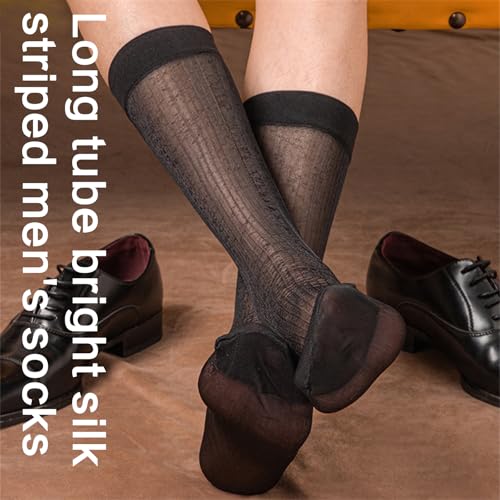 Elegant Men Business Long Calf Nylon Dress Socks Sheer Thin Glossy Striped See Through Silk Suit Socks for Formal Outfit3