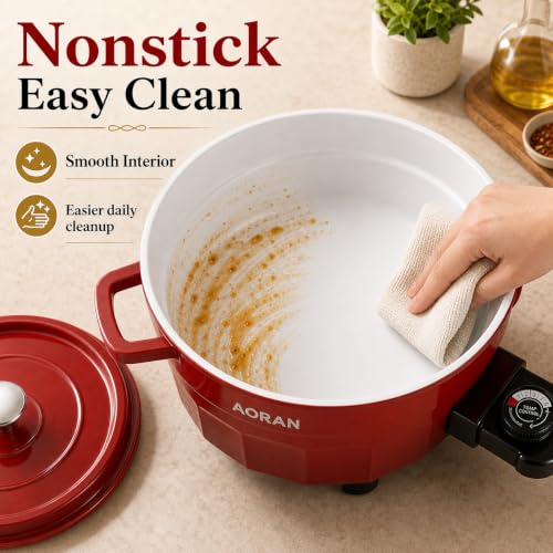 Image of AORAN 6QT Multi-Function Electric Hot Pot Cooker, 1400W Family Hot Pot for Frying, Boiling, Slow Cooking & Stewing, Nonstick Cooking Pot with Temperature Control, Ladle, Skimmer & Spatula