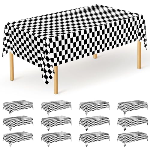 Image of 12Pack Table Cloth Rectangle Table, 54 inch x 108 inch Plastic Tablecloth, Black and White Checkered Table Covers, Waterproof Disposable Table Cloth for Outdoor Picnic Indoor Birthday Party Supplies Dinner