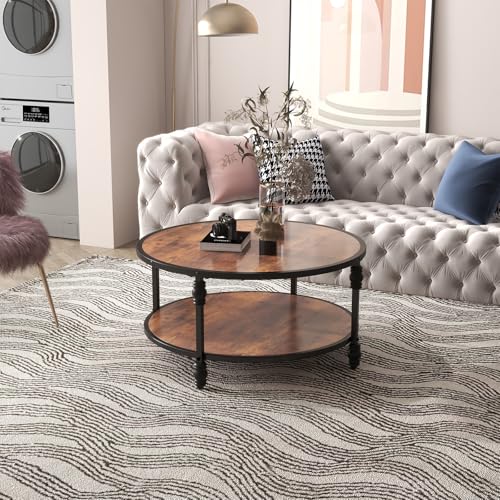 OPULENTHOME Großer Couchtisch, rund, aus Massivholz, Wohnzimmertisch im Vintage-Stil, 2 Ebenen, Beistelltisch mit Säulenfüßen, für Wohnzimmer, Büro, 72 x 72 x 48 cm – Bild 5