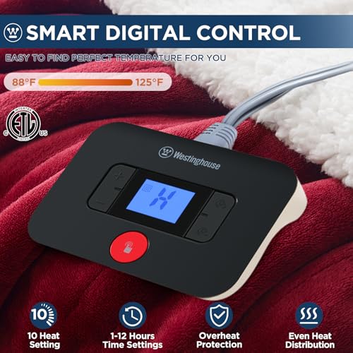 Westinghouse Electric Blanket Full, Heated Blanket Full Size with 10 Heating Levels and 1 to 12 Hours Heating Time Settings, Flannel to Sherpa Reversible, Machine Washable (80" x 84", Red)