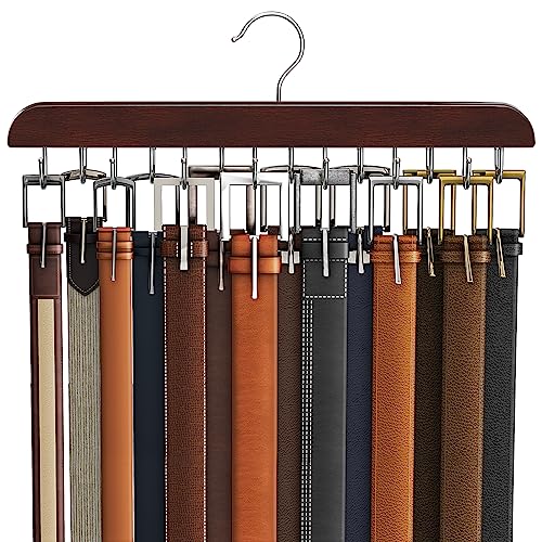 Belt Hanger for Closet, Sturdy Wood Belt Rack Closet Accessories with 14 Hooks Belt Organizer for Closet...