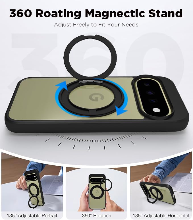 Image of RIGGEAR Shockproof Sleek Hybrid Armor 360 Rotating Magnetic Ring Stand Back Cover Case Compatible with MagSafe Accessories for Google Pixel 11 / Pixel 11 Pro (Clear PC + Black TPU Bumper)