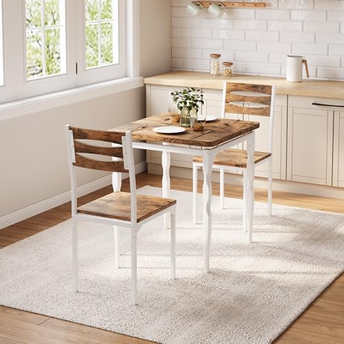 Image of Garvee 3 Piece Dining Table Set, Farmhouse Style Dining Table and Chairs Set for 2, Dining Set for Dining Room Kitchen Apartment, White & Brown