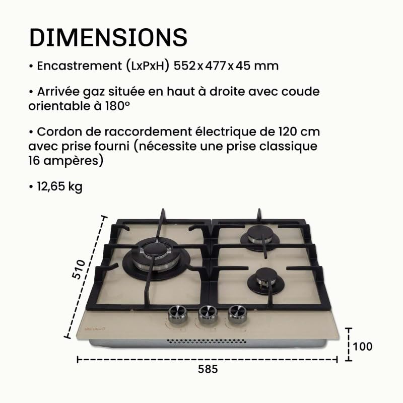 BELDEKO Plaque Gaz 3 Feux 6200W Beige - Marque Française