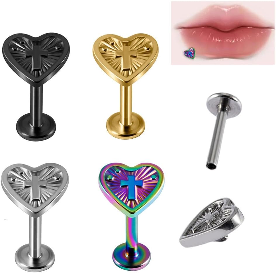 16G Internally Threaded Cross Heart Cartilage Flat Back Earrings Studs for Women 316L Stainless Steel Labret Monroe Lip Rings Conch Helix Tragus Medusa Piercing Jewelry - Image 2