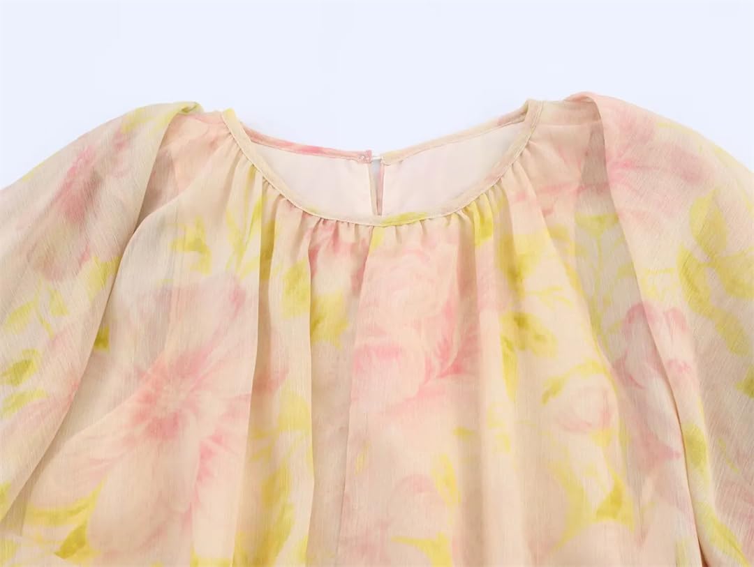 Chemisier décontracté translucide pour femme - Imprimé - Col rond - Manches bouffantes - Chemise plissée