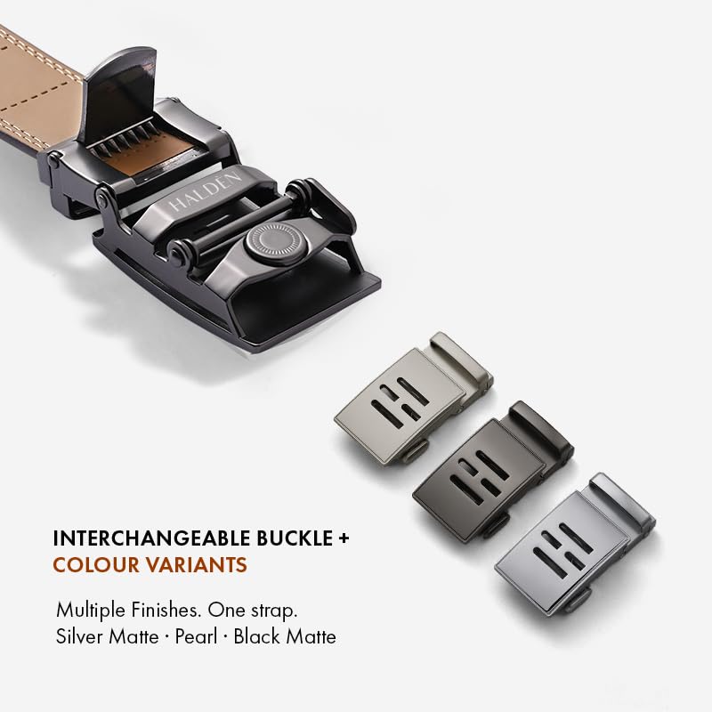 Image of HALDEN THEO Belt For Men Leather Original (Adjustable Fits Up to 44 Inch Waist) Ratchet Straps, Unique Magnetic Auto-lock Buckle Adjustable Belt For Men