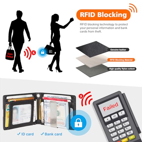 Chain Wallets for Men, Genuine Leather Blocking Bifold Wallet RFID Protective Credit Card Holder with Money Clip, Pickpocket Proof Slim Chain Wallet for Men4