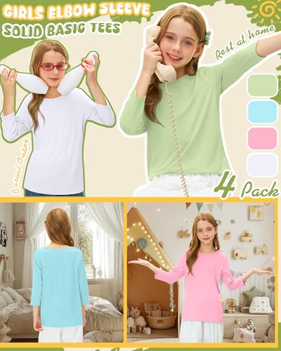 Image of 4 Pack Girls 3 /4 Sleeve T Shirts Kids Crewneck Elbow Sleeve Casual Tops Solid Basic Cute Teen Tees 5-14Y