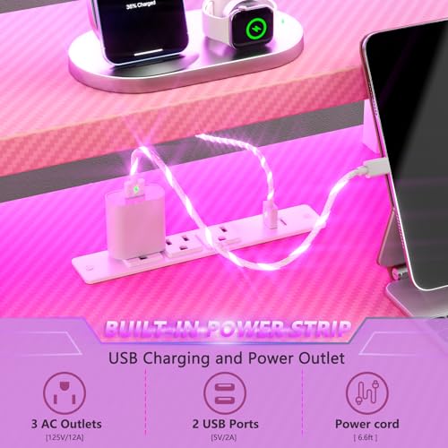 Image of Korfile 47 Inch Pink Gaming Desk with Power Outlet & LED Lights, Corner Computer Desk with 3 Tiers Storage Shelves, L Shaped Gaming Desk with Monitor Stand for Bedroom