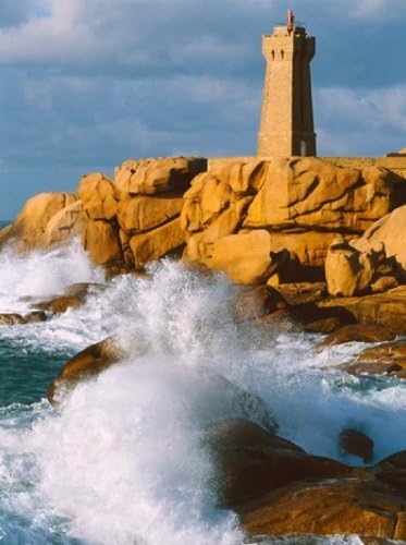 Waves crashing at Ploumanac'h Lighthouse, Pink Granite Coast, Perros-Guirec, Cotes-d'Armor, Brittany, France Poster Print by Panoramic Images (27 x 36)