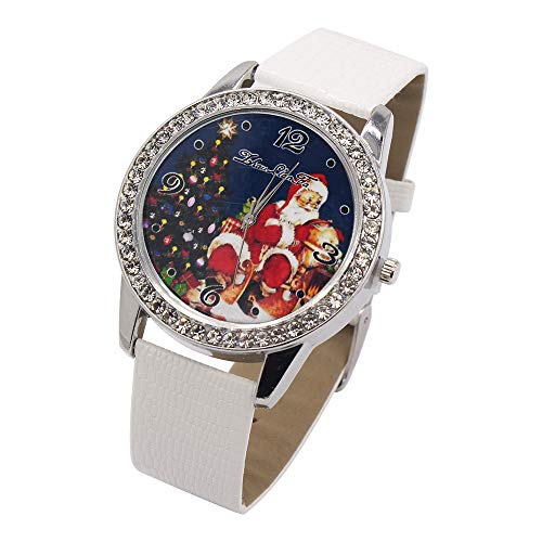 Relojes de Navidad, Cuero Reloj de Cuarzo de Pulsera de Moda para Mujeres Mamá Novia y Niños (Blanco)