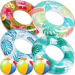7-Pack Luau Pool Floats Floaties: Inflatable Swim Rings & Beach Balls for Summer, Tropical Luau Party Decorations, Floating Tubes Toys for Kids Adults