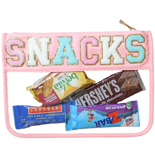 Snack Pouch with Chenille Letters, Snacks Bag for Travel Makeup Bag Cosmetic Pouch Varsity Letter Patches, Vacation Essentials